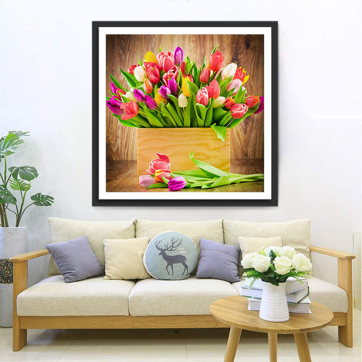 Houten Kist Vol Tulpenpracht Diamond Painting