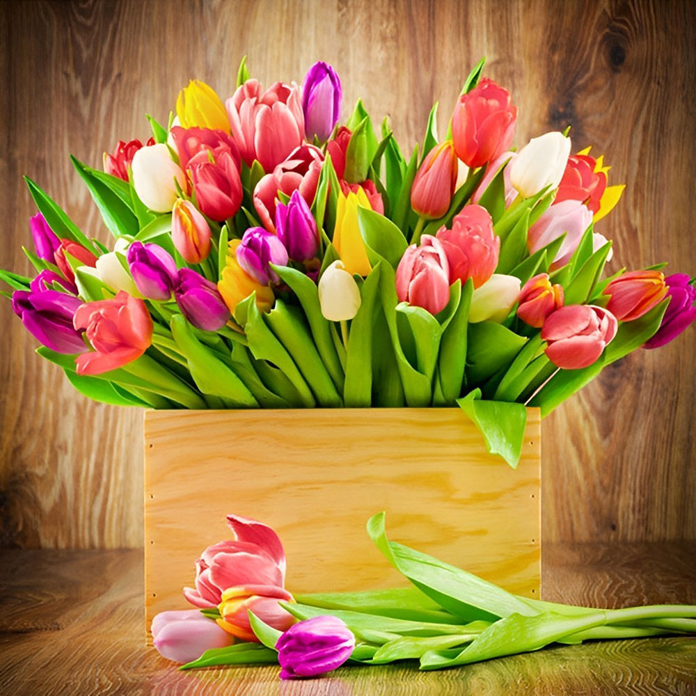 Houten Kist Vol Tulpenpracht Diamond Painting