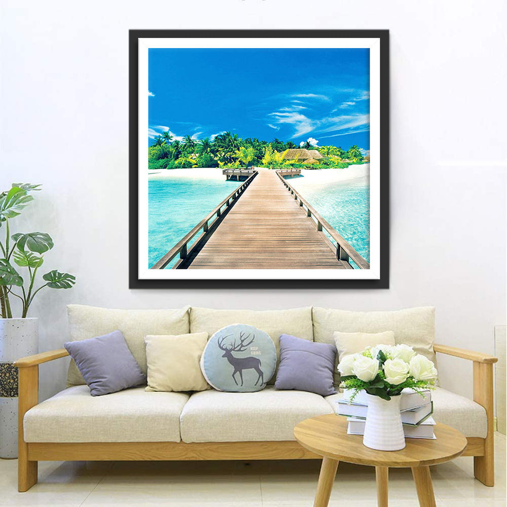 Houten Pad naar Witte Strand en Blauwe Zee Diamond Painting