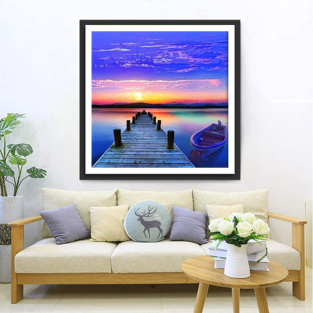 Houten Steiger en Bootje in de Kleurrijke Gloed Diamond Painting