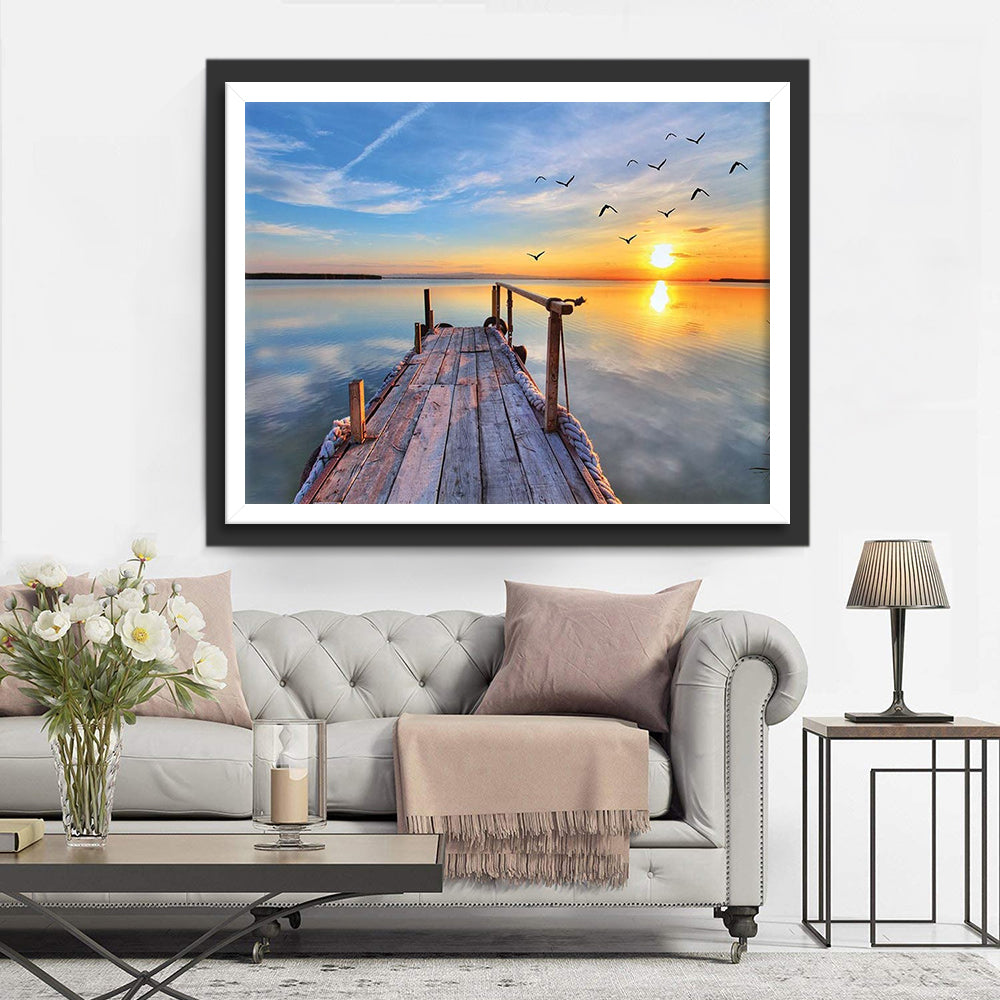 Houten Steiger en Vogels in de Lucht bij Zonsondergang Diamond Painting
