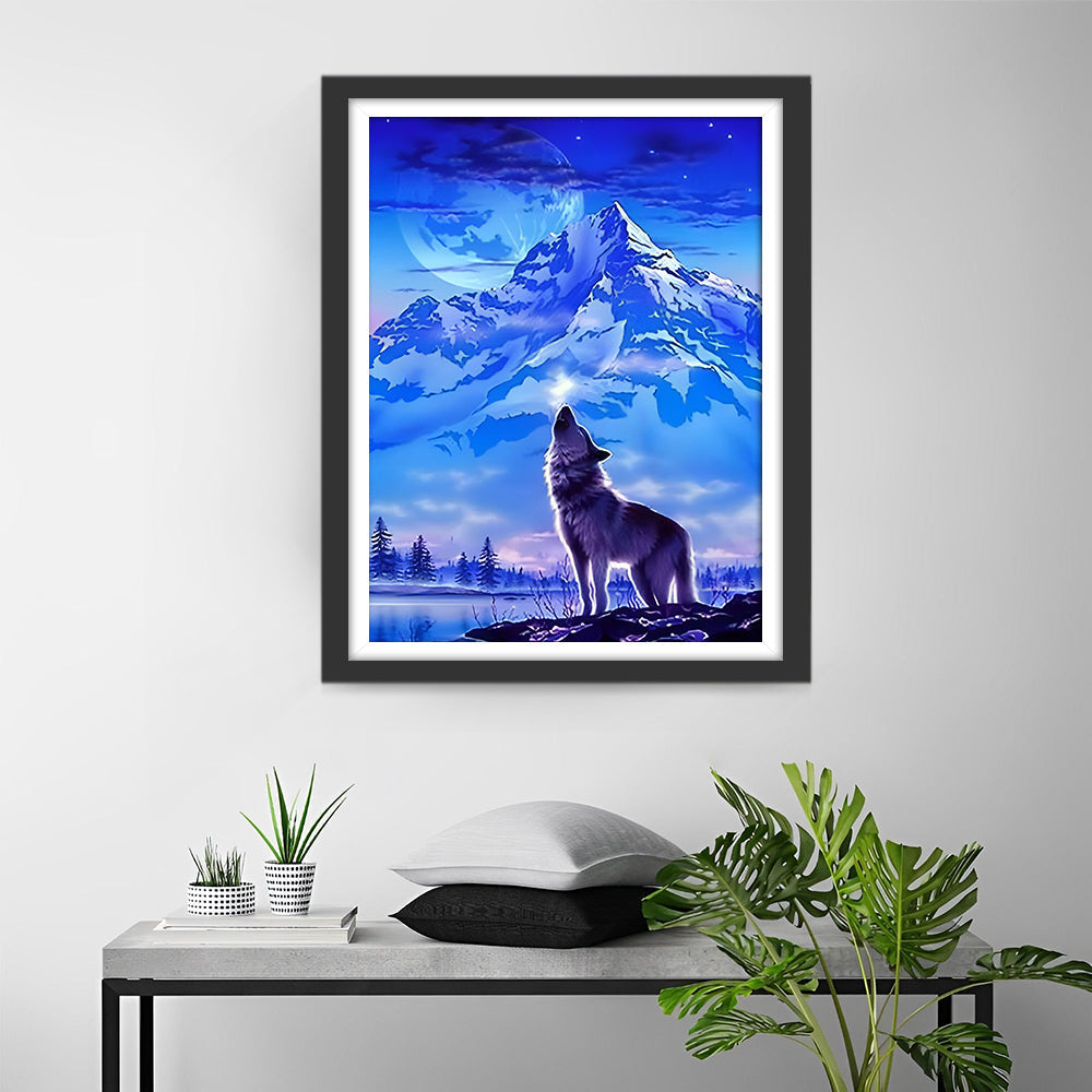 Huilende Wolf en de Prachtige Sneeuwberg Diamond Painting