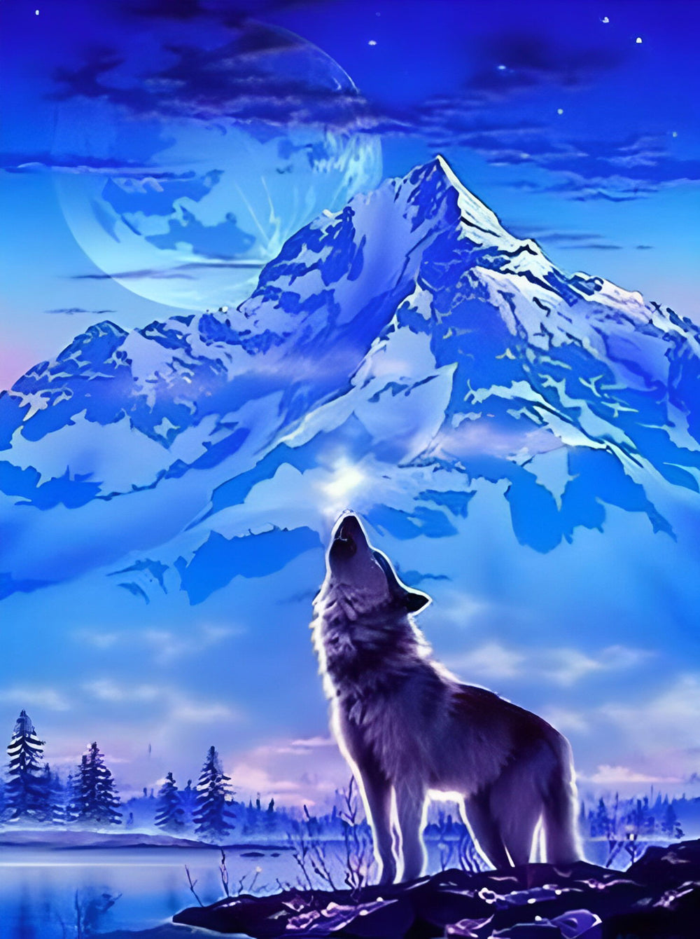 Huilende Wolf en de Prachtige Sneeuwberg Diamond Painting