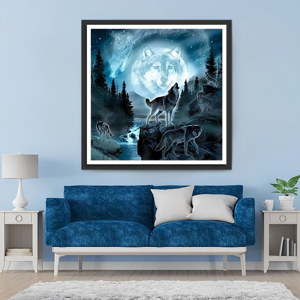 Huilende Wolf met de Maan en de Wolf op de Achtergrond Diamond Painting