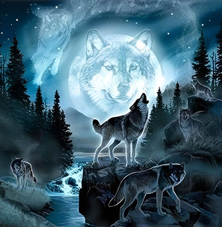 Huilende Wolf met de Maan en de Wolf op de Achtergrond Diamond Painting