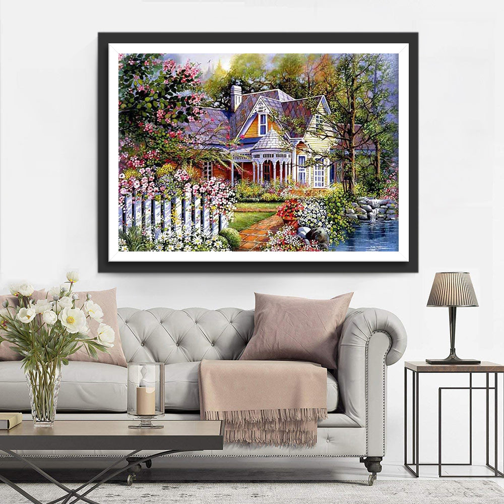 Huis met Kleurrijke Tuin en Vijver Diamond Painting