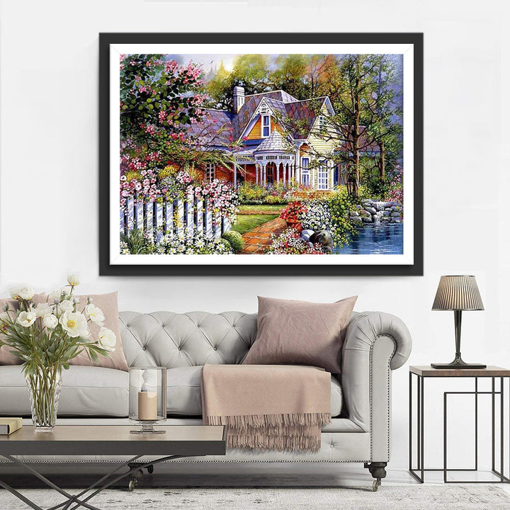 Huis met Kleurrijke Tuin en Vijver Diamond Painting