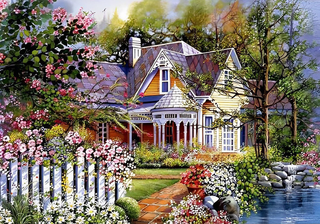 Huis met Kleurrijke Tuin en Vijver Diamond Painting