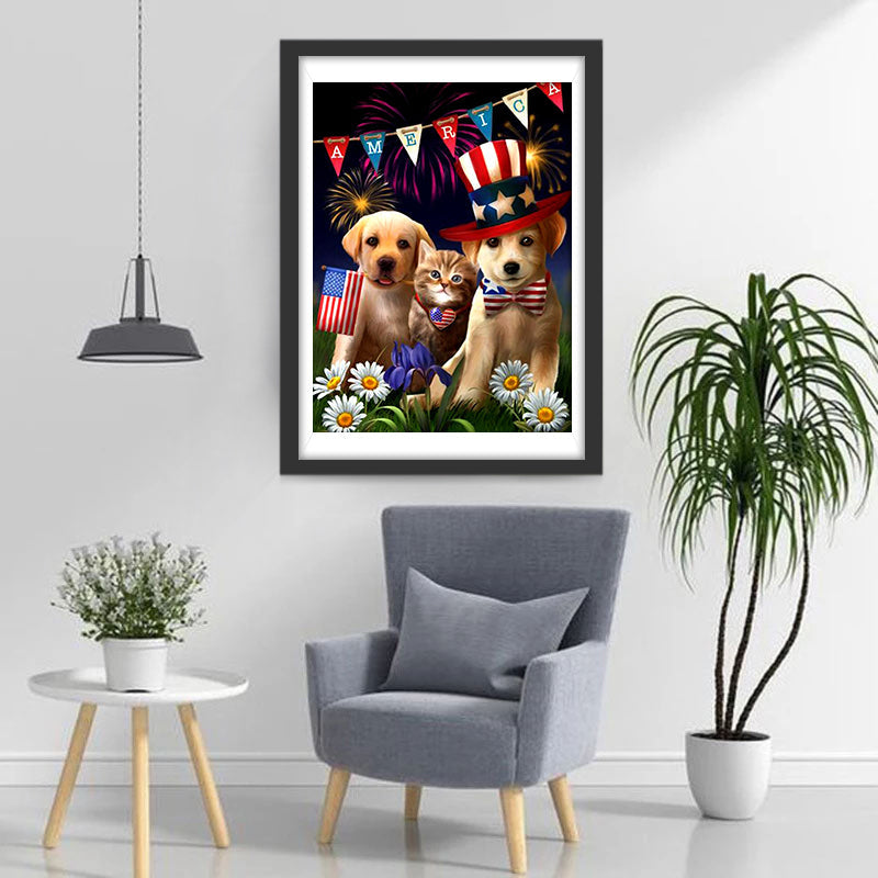 Huisdieren in Amerikaans Feestgewaad Diamond Painting