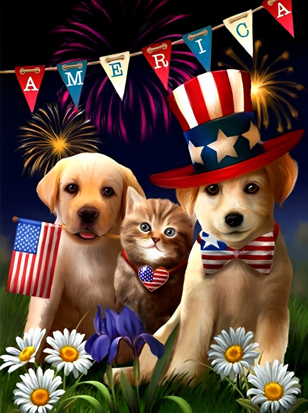 Huisdieren in Amerikaans Feestgewaad Diamond Painting