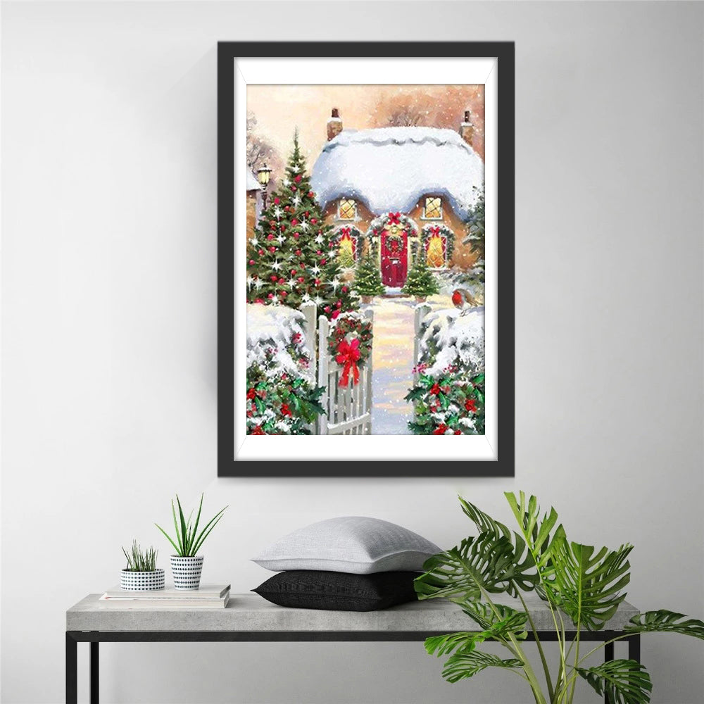 Huisje met Sneeuw en Kerstversiering Diamond Painting
