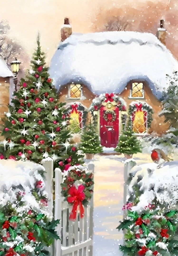 Huisje met Sneeuw en Kerstversiering Diamond Painting