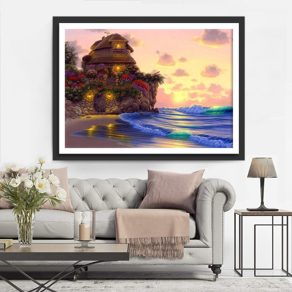 Huisje op Klif bij Zonsondergangaan Zee Diamond Painting