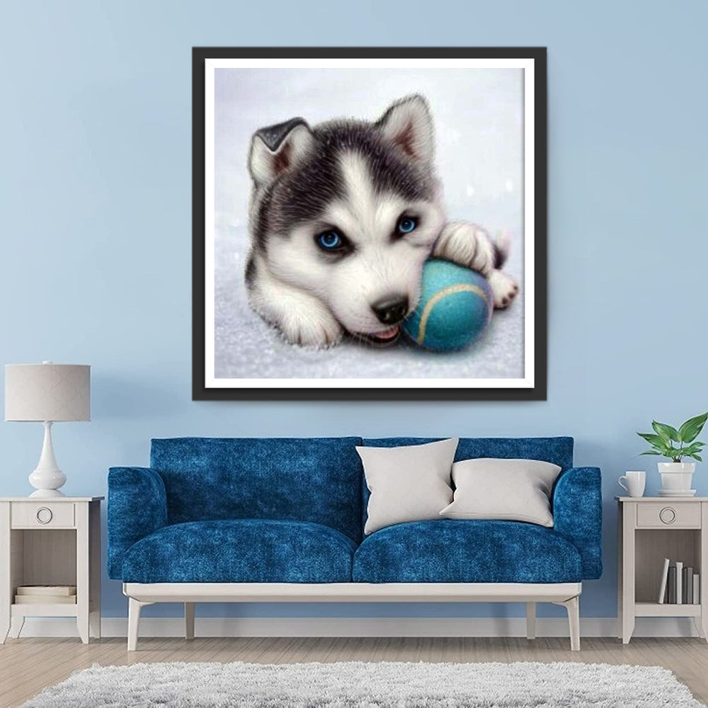 Husky Speelt met de Bal Diamond Painting