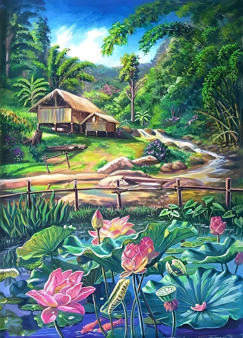 Hutje temidden van Waterlelies Diamond Painting