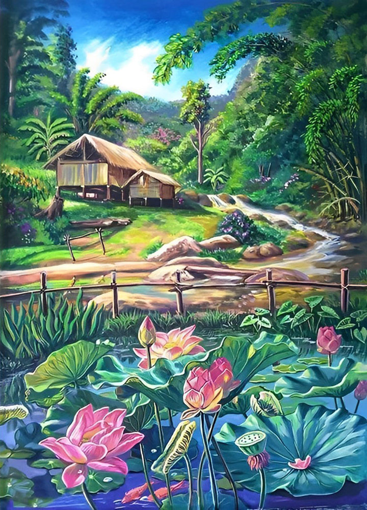 Hutje temidden van Waterlelies Diamond Painting