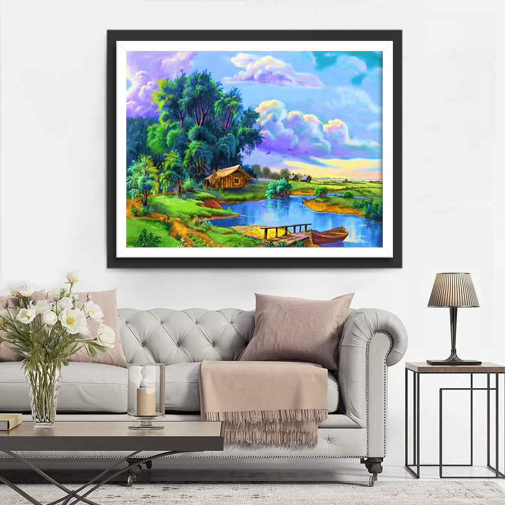 Idyllisch Plattelandsgezicht met Rivier en Huisje Diamond Painting