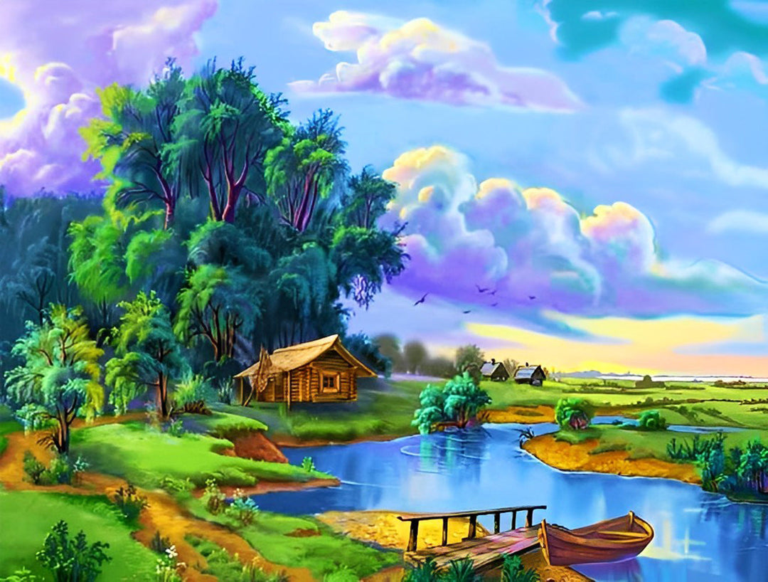 Idyllisch Plattelandsgezicht met Rivier en Huisje Diamond Painting