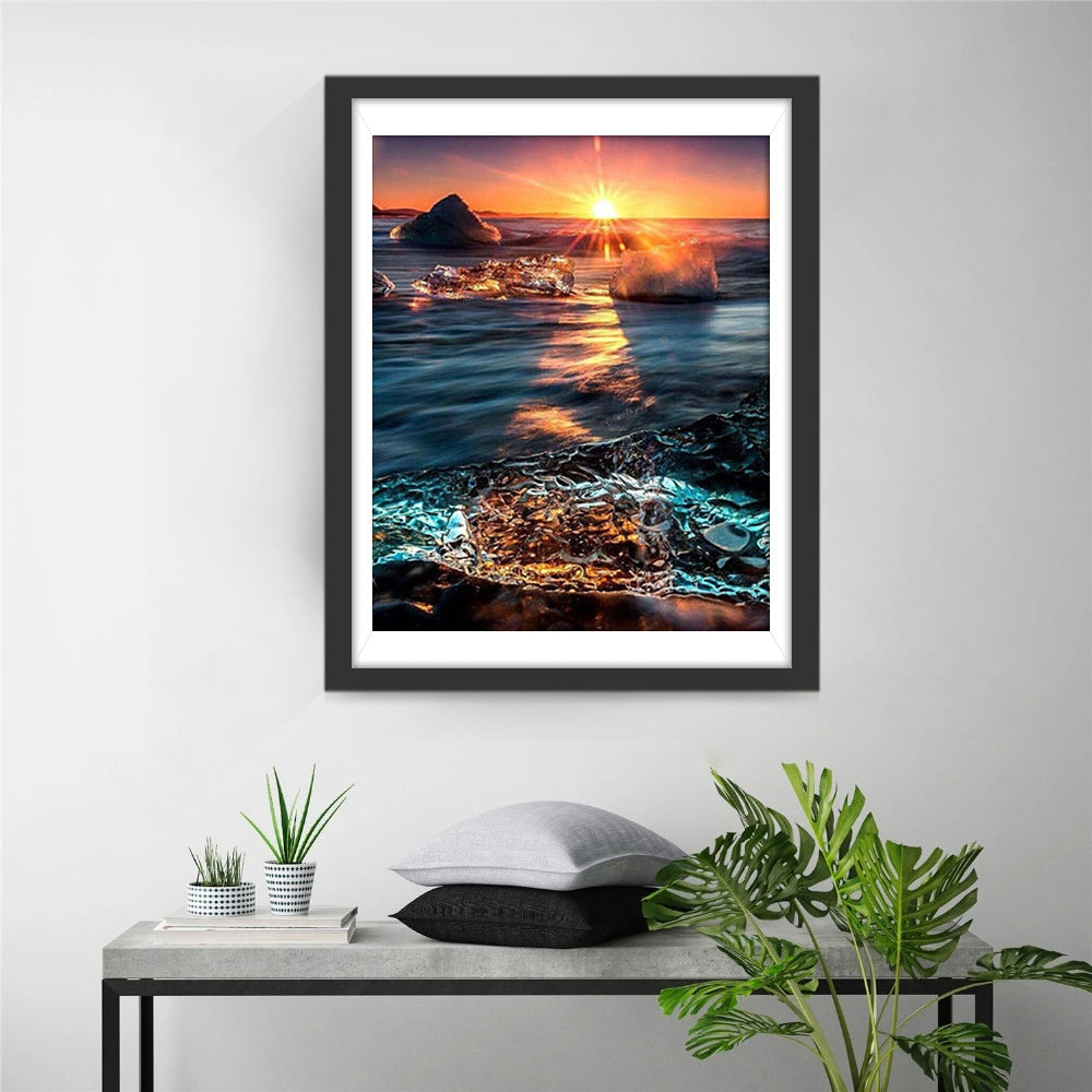 IJsklonten, Golfslag en Zonsondergang Diamond Painting