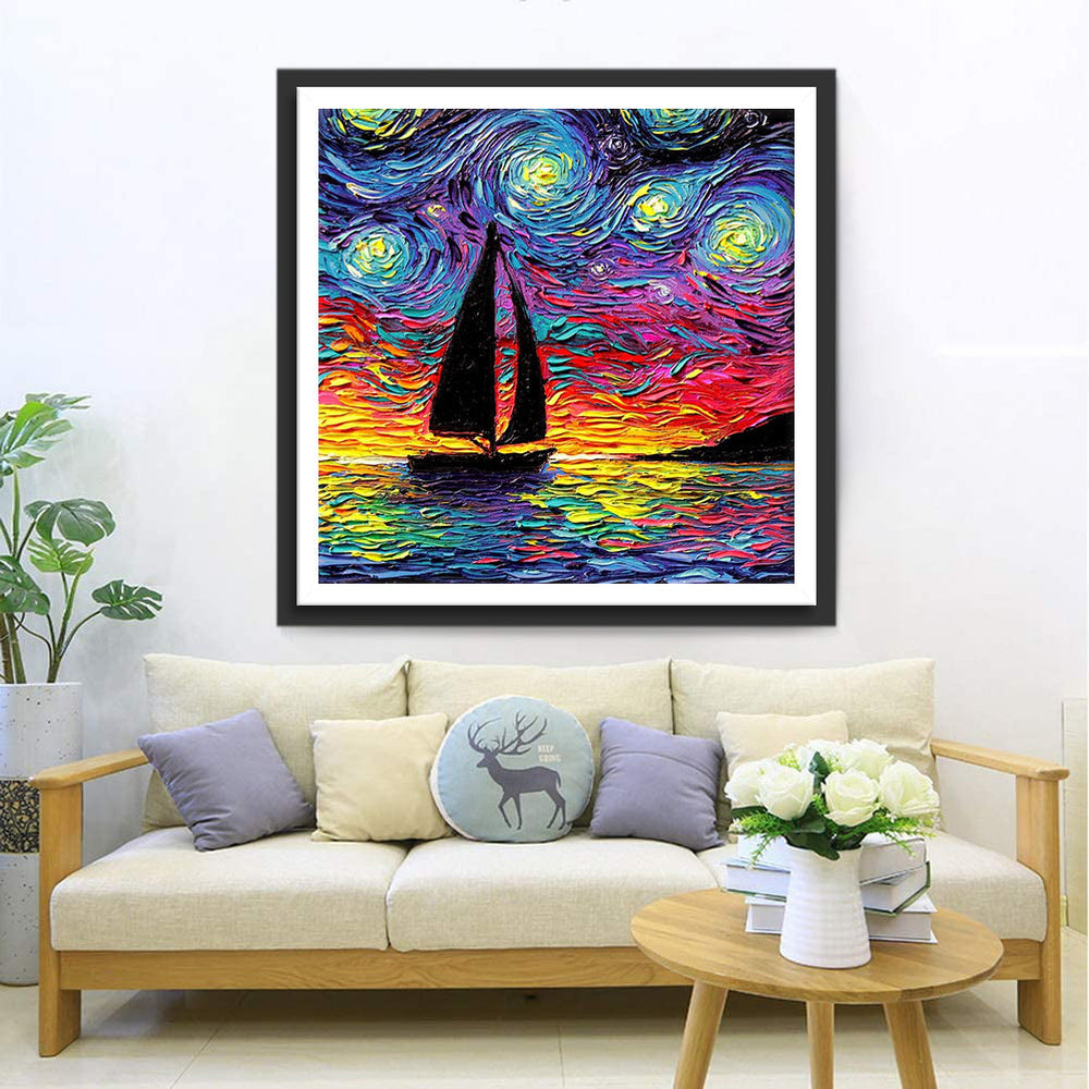 Impressionistische Sterrennacht met Zeilschip Diamond Painting