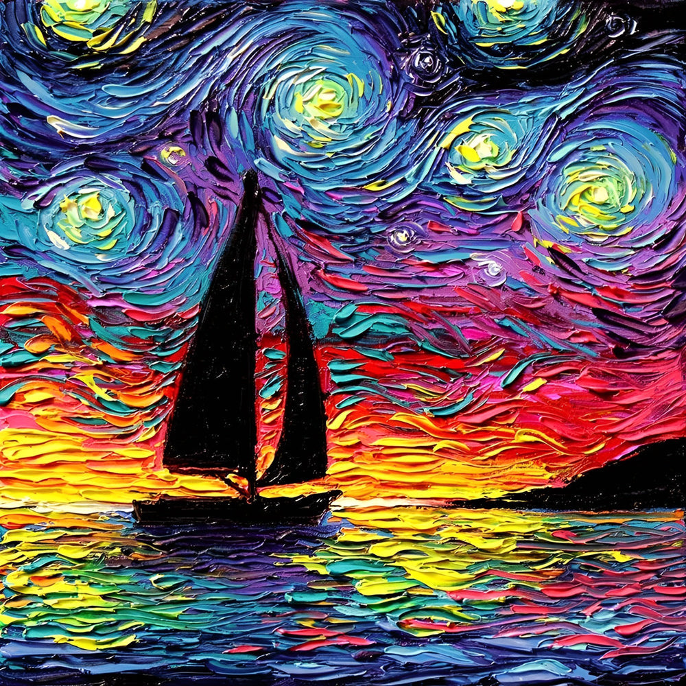 Impressionistische Sterrennacht met Zeilschip Diamond Painting