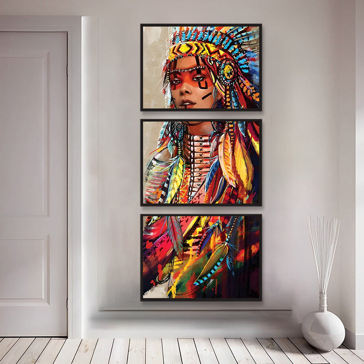 Indiaans Hoofdje in Kleurrijke Uitdrukking 3 Platen Diamond Painting