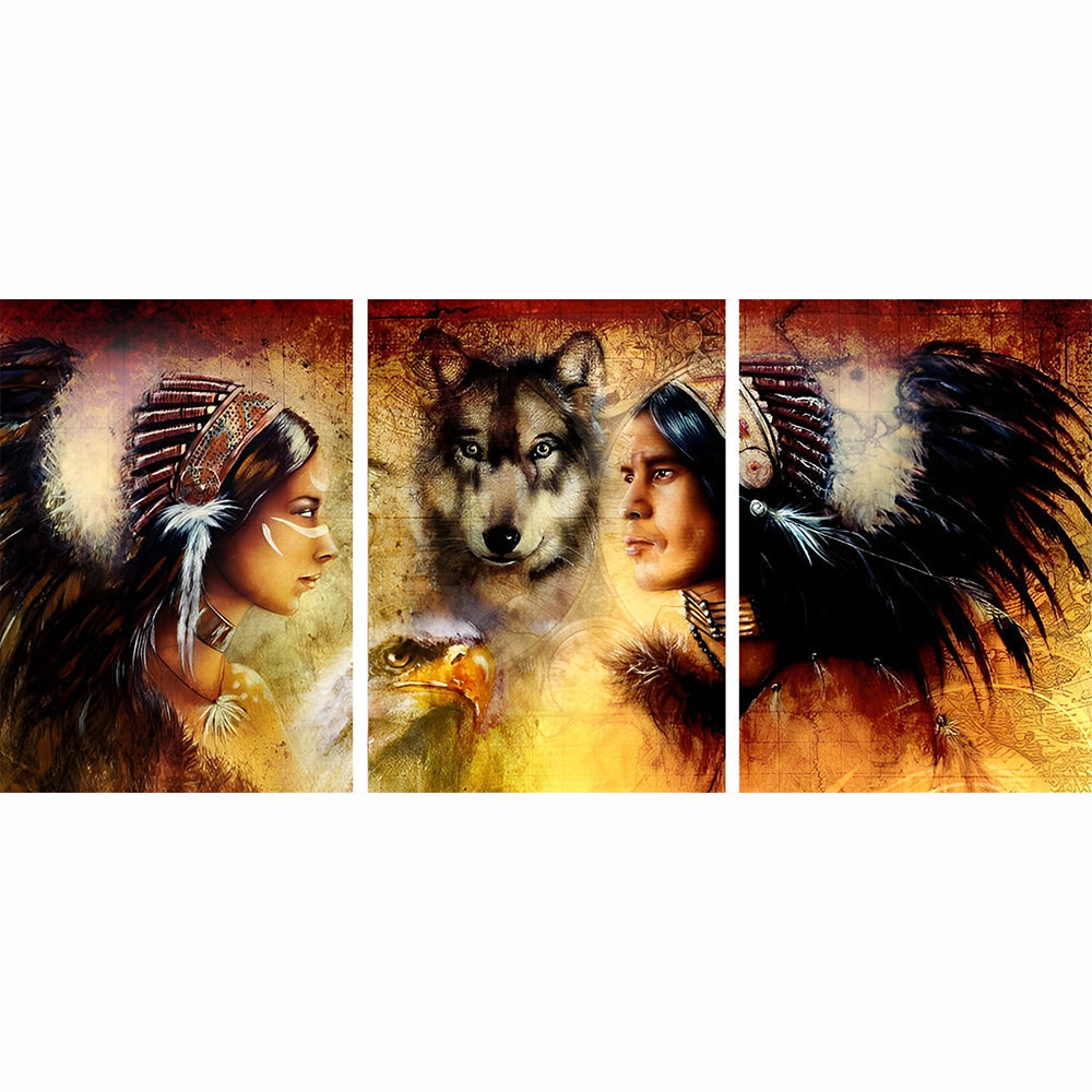 Indiaanse Vrouwen en Wolf 3 Platen Diamond Painting