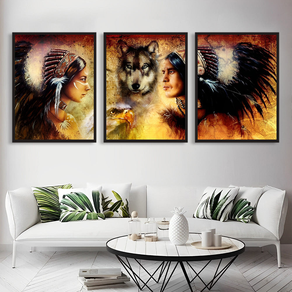 Indiaanse Vrouwen en Wolf 3 Platen Diamond Painting