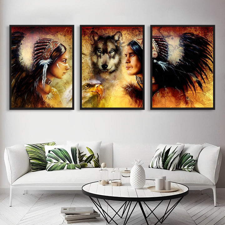 Indiaanse Vrouwen en Wolf 3 Platen Diamond Painting
