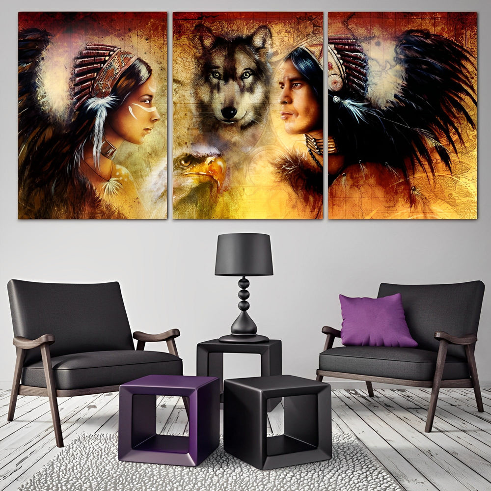 Indiaanse Vrouwen en Wolf 3 Platen Diamond Painting