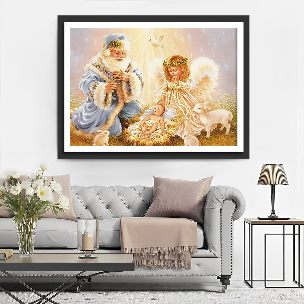 Jezuskindje bij Engel en Oude Herder in de Stal Diamond Painting
