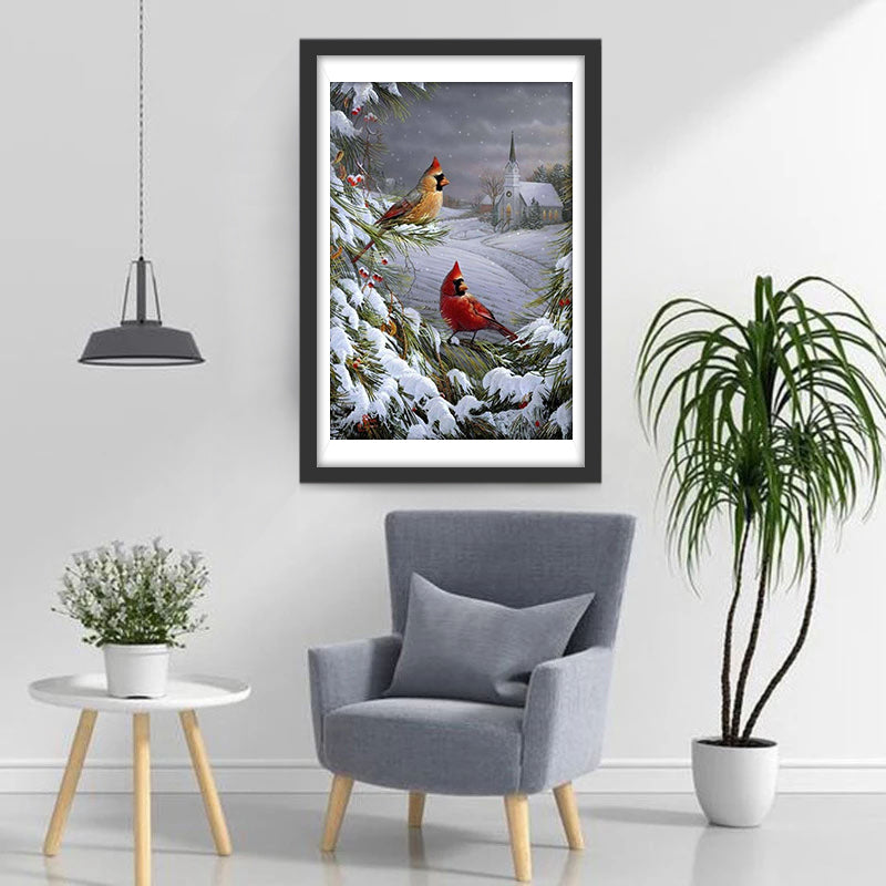 Kardinalen in de Dennenbomen op een Besneeuwde Dag Diamond Painting