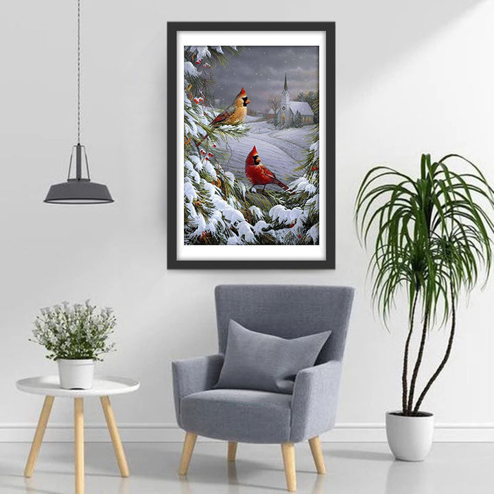 Kardinalen in de Dennenbomen op een Besneeuwde Dag Diamond Painting