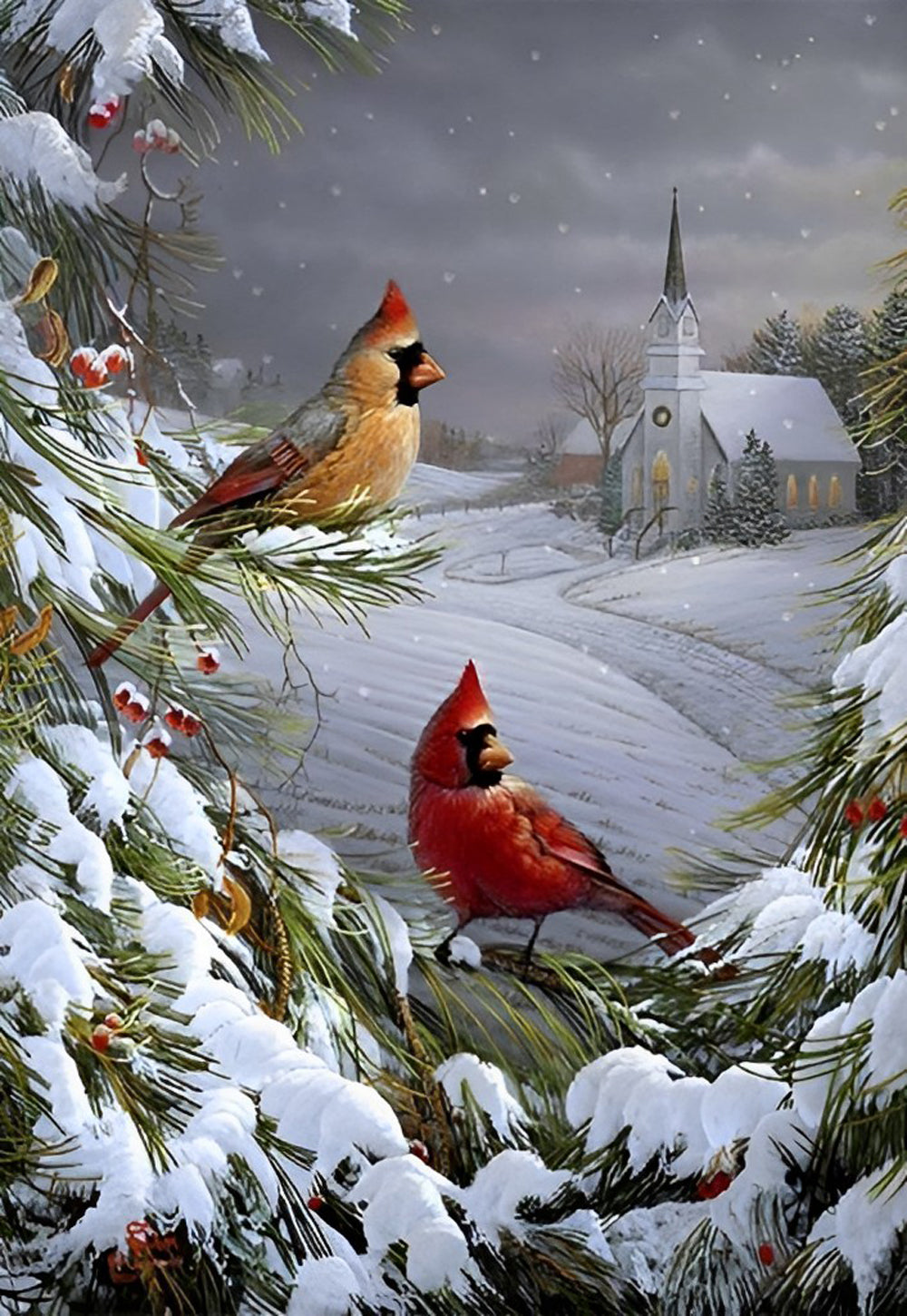 Kardinalen in de Dennenbomen op een Besneeuwde Dag Diamond Painting
