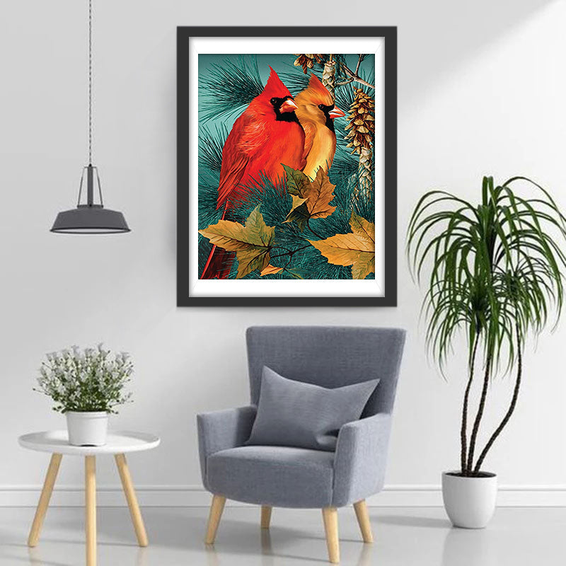 Kardinalen op de Esdoorns en Dennenbomen Diamond Painting