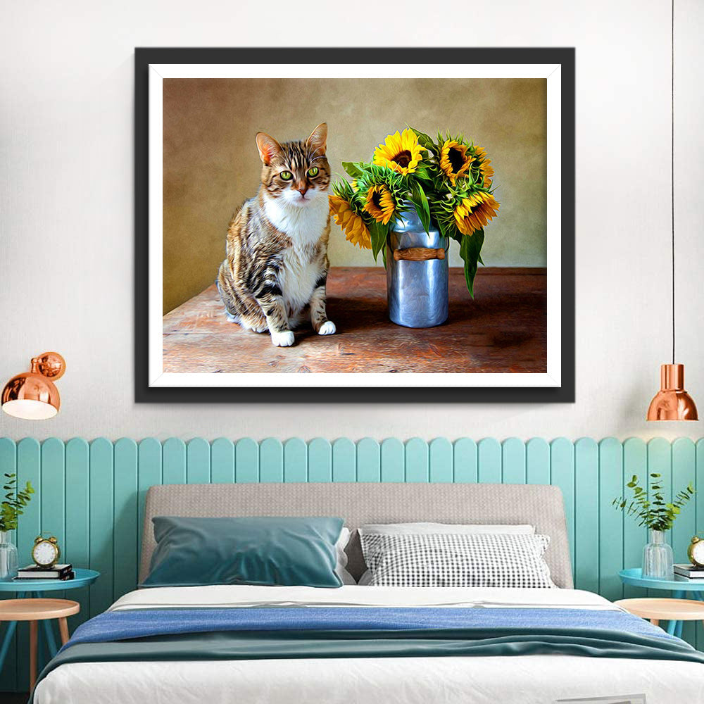 Kat bij de Zonnebloemen Diamond Painting