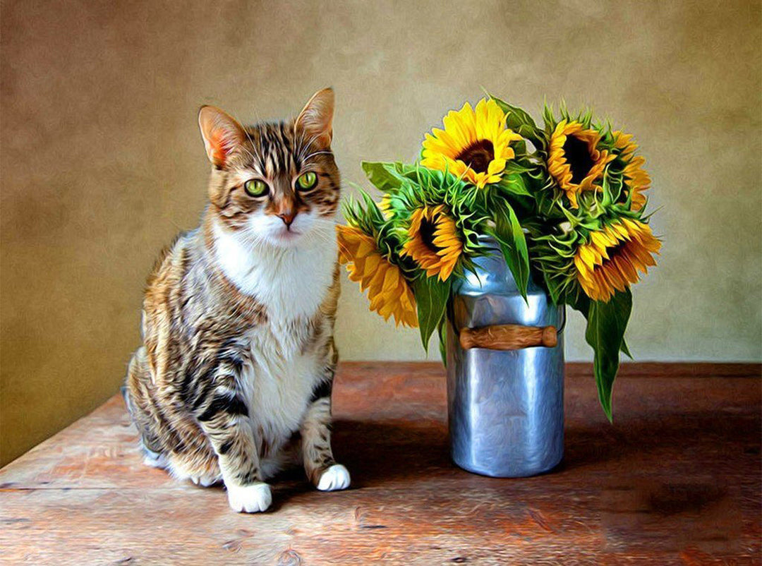 Kat bij de Zonnebloemen Diamond Painting