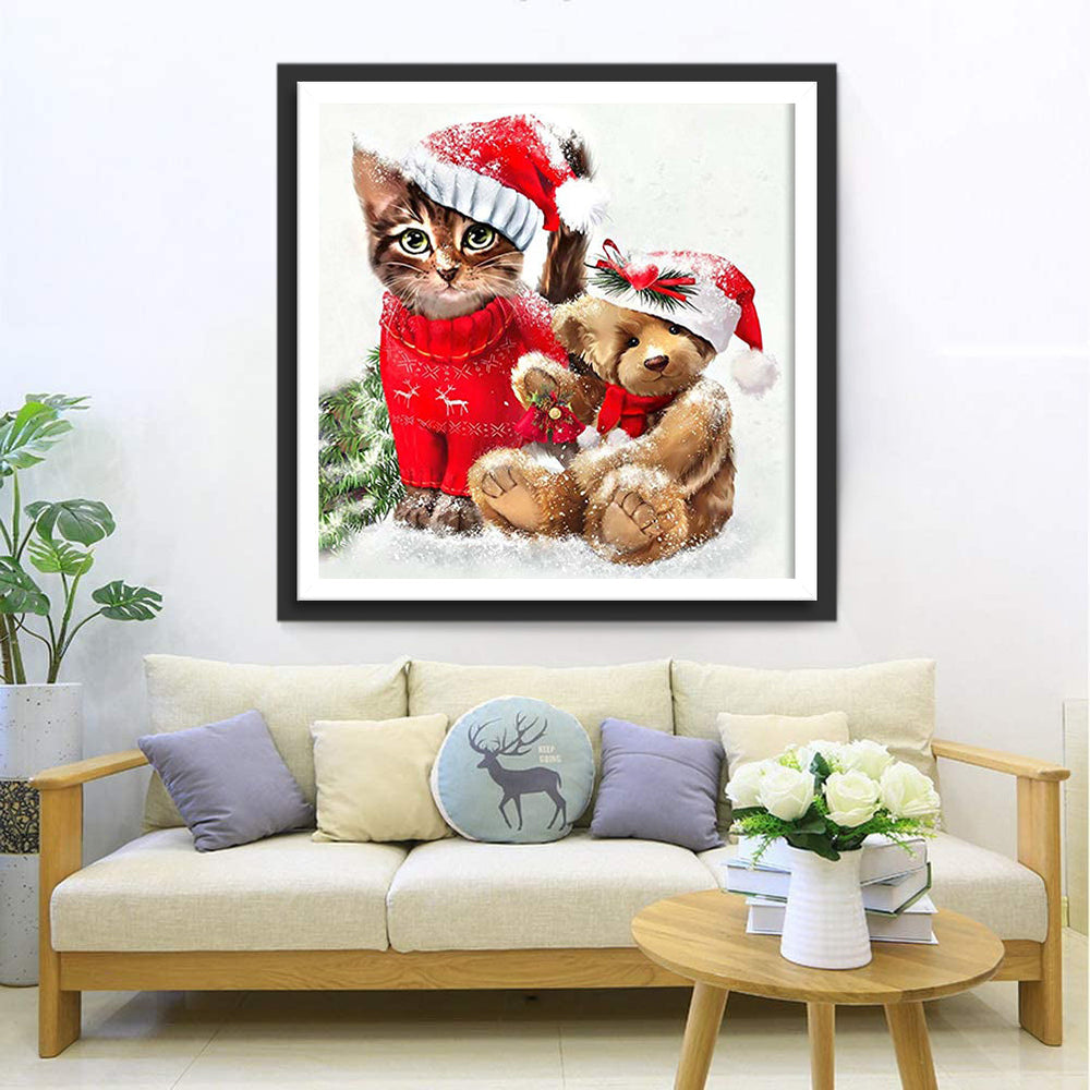 Kat en Beer met Kerstmuts en Sjaal in de Sneeuw Diamond Painting