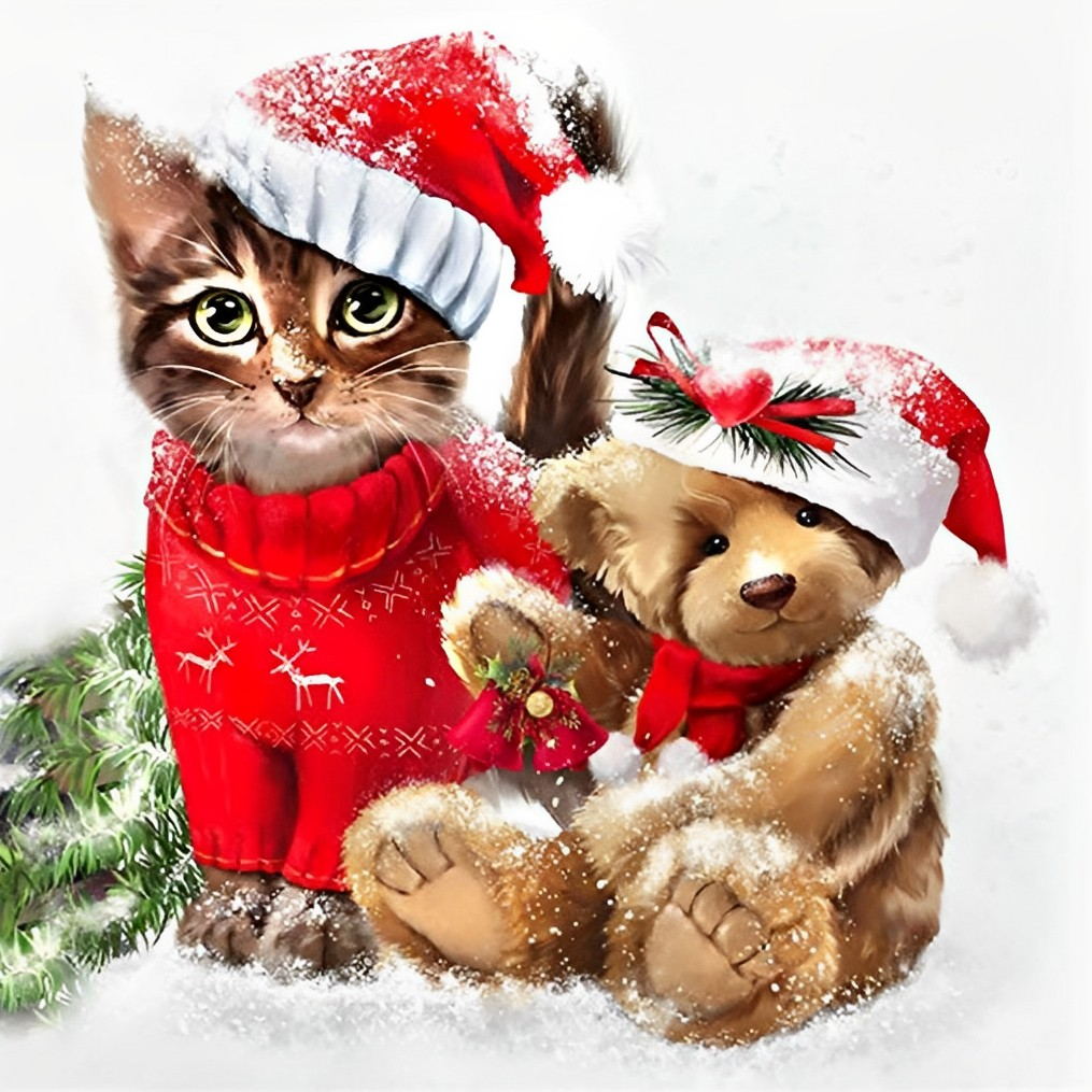 Kat en Beer met Kerstmuts en Sjaal in de Sneeuw Diamond Painting