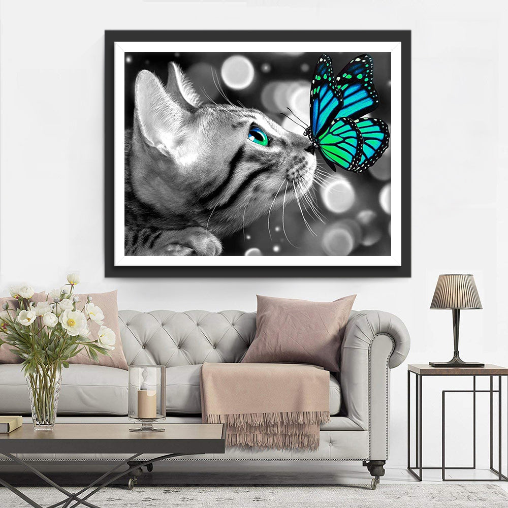 Kat en Blauwgroene Vlinder Diamond Painting
