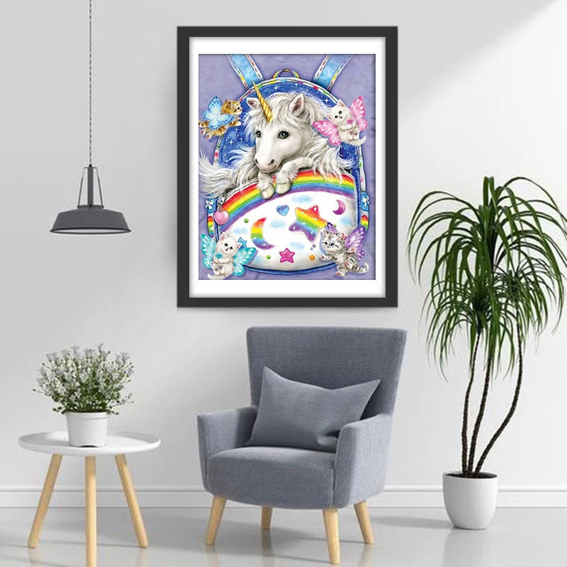 Kat en Eenhoorn op Kleurrijke Boekentas Diamond Painting