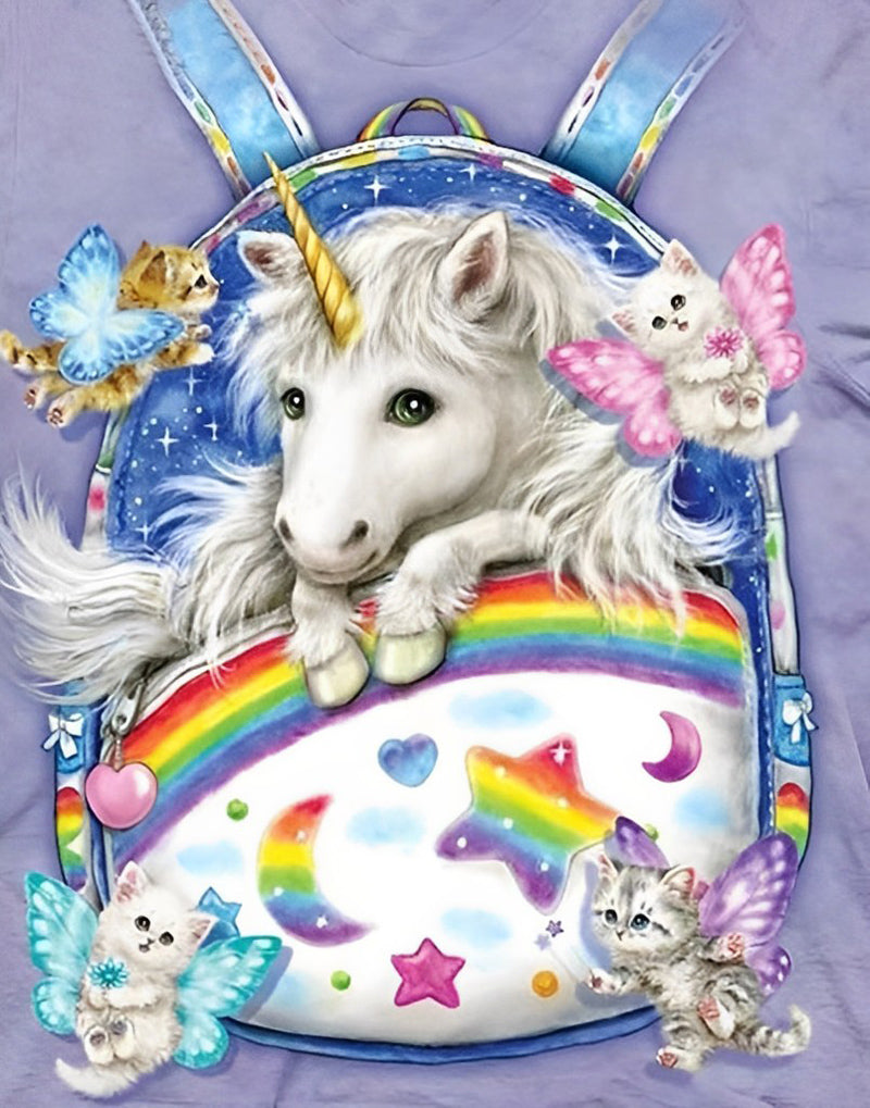 Kat en Eenhoorn op Kleurrijke Boekentas Diamond Painting