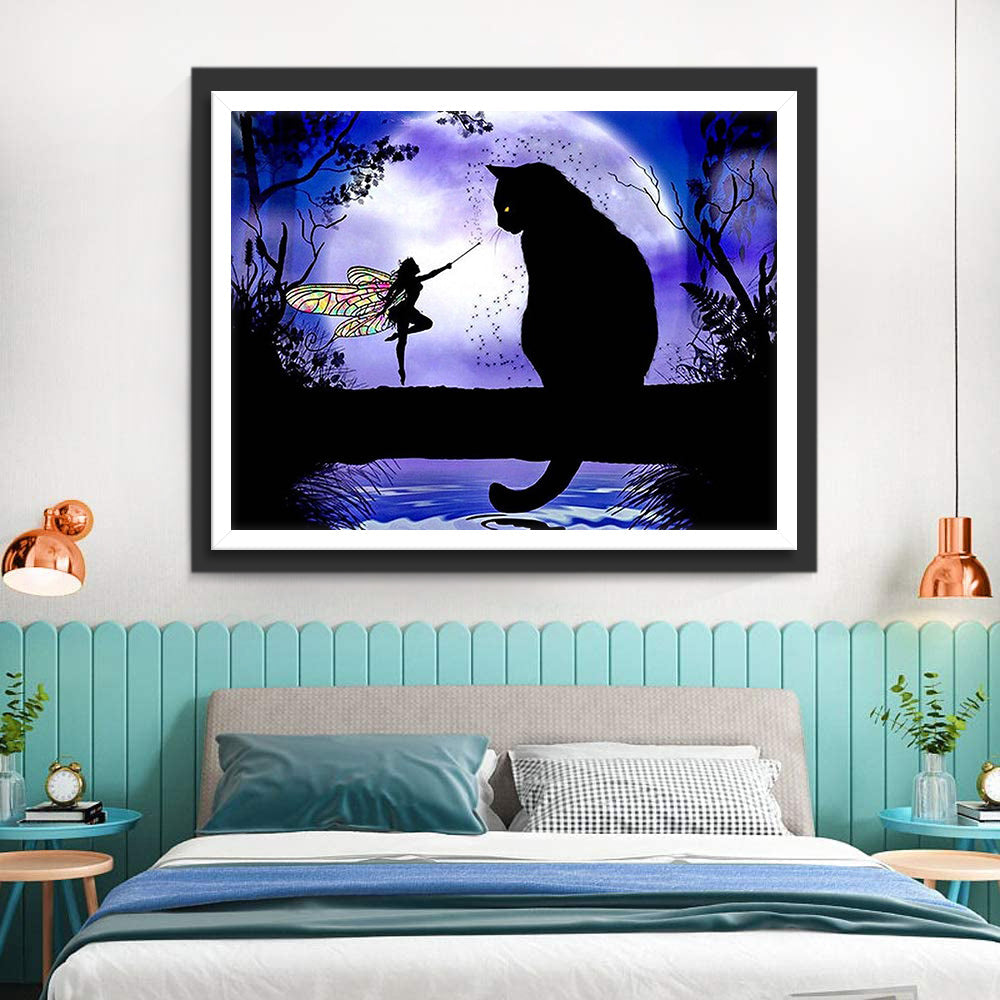 Kat en Elf onder de Maan Diamond Painting