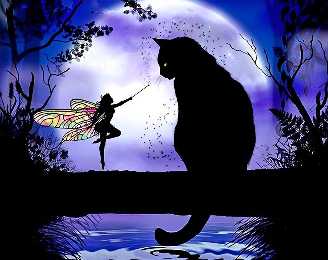 Kat en Elf onder de Maan Diamond Painting