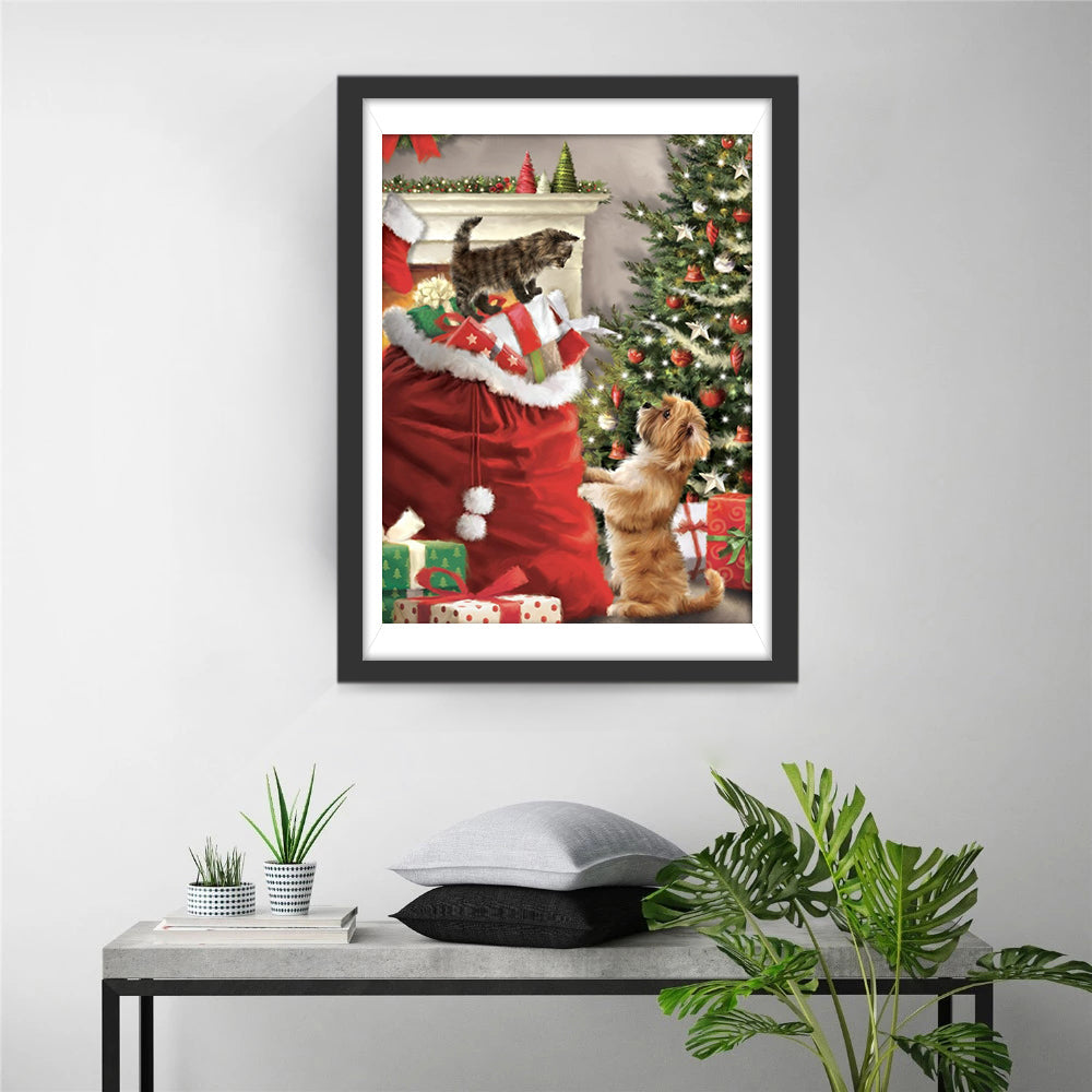 Kat en Hond bij Kerstgeschenken in Kerstsok Diamond Painting