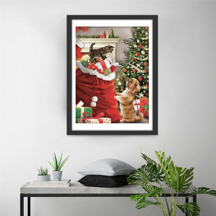 Kat en Hond bij Kerstgeschenken in Kerstsok Diamond Painting