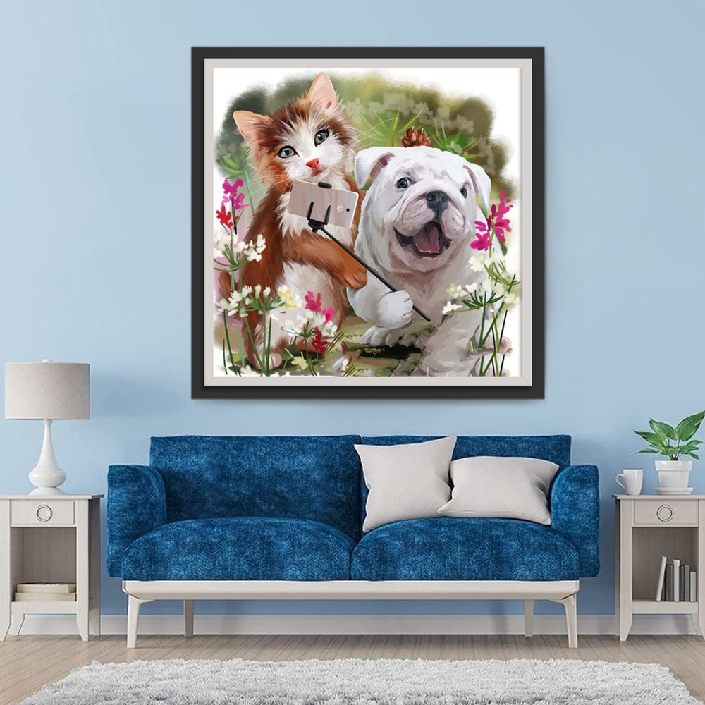 Kat en Hond Maken Selfies Diamond Painting