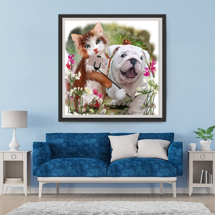 Kat en Hond Maken Selfies Diamond Painting