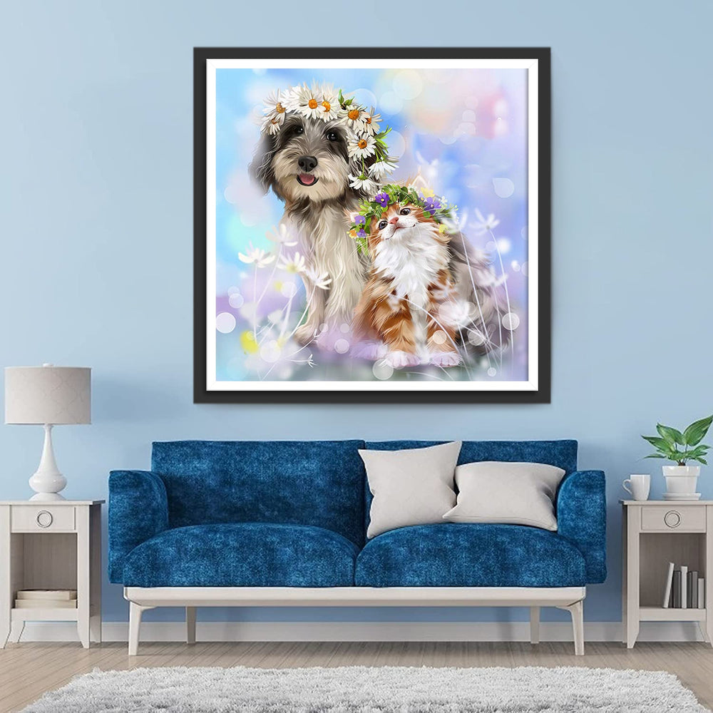 Kat en Hond met Kransen Diamond Painting