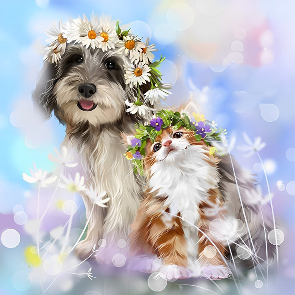 Kat en Hond met Kransen Diamond Painting